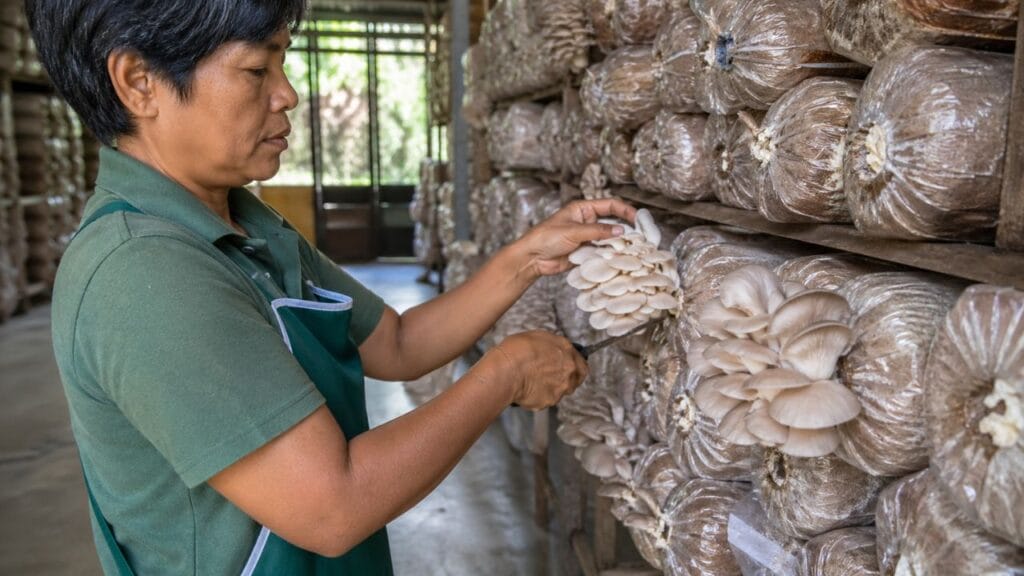 harvesting mushrooms from grow bags