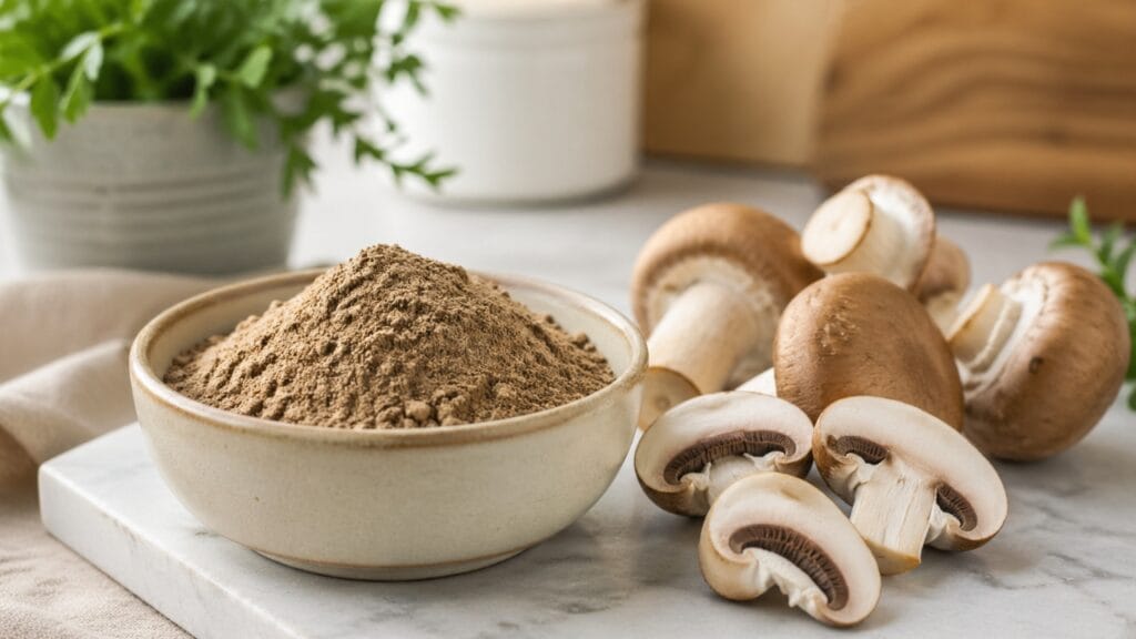 health benefits of mushroom powder natural wellness concept