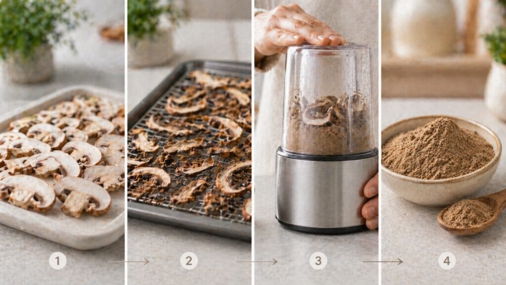 process of drying and grinding mushrooms into powder