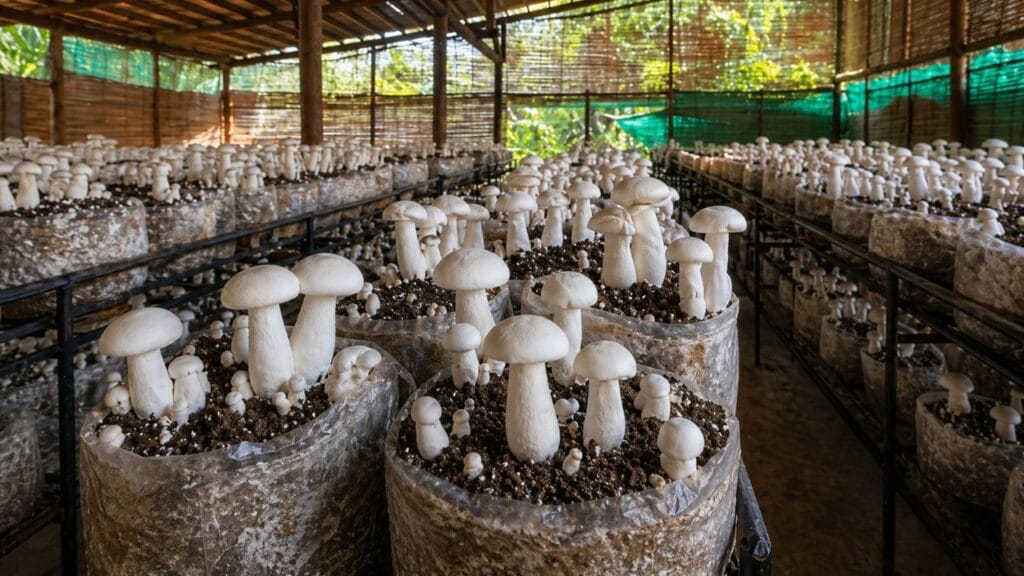milky mushroom farming setup warm climate indoor