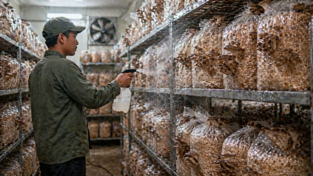 maintaining temperature and humidity mushroom farm