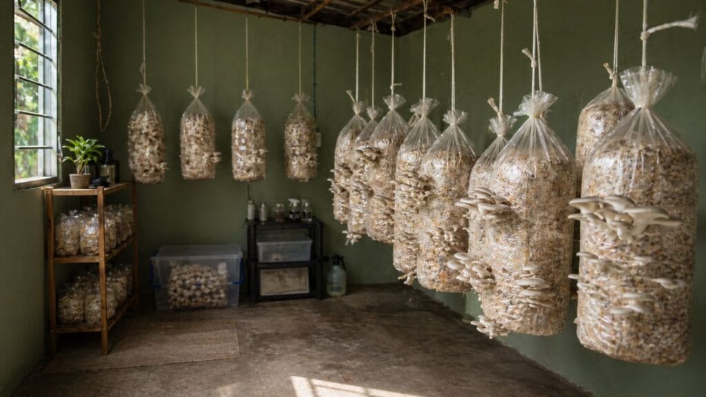beginner mushroom farming space indoor