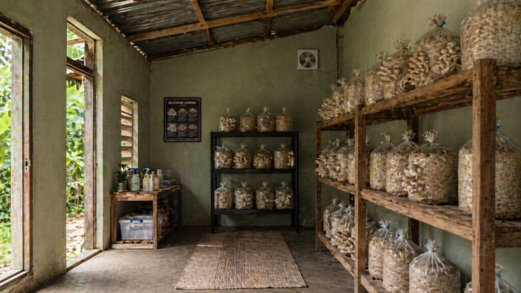 mushroom farming setup in small shed