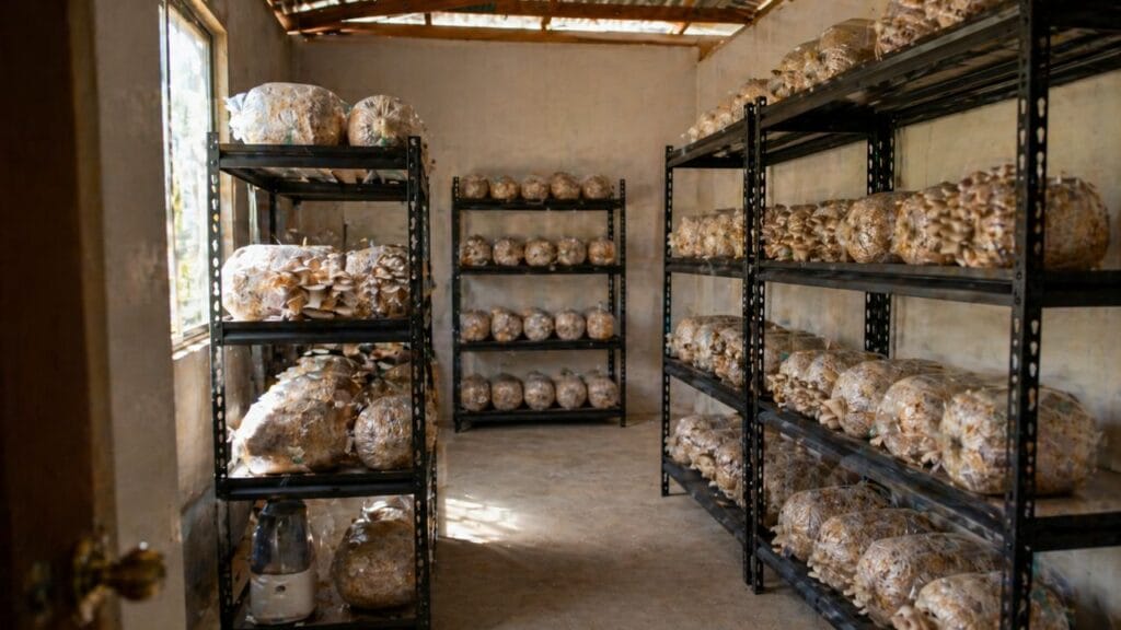 indoor mushroom farming space with racks