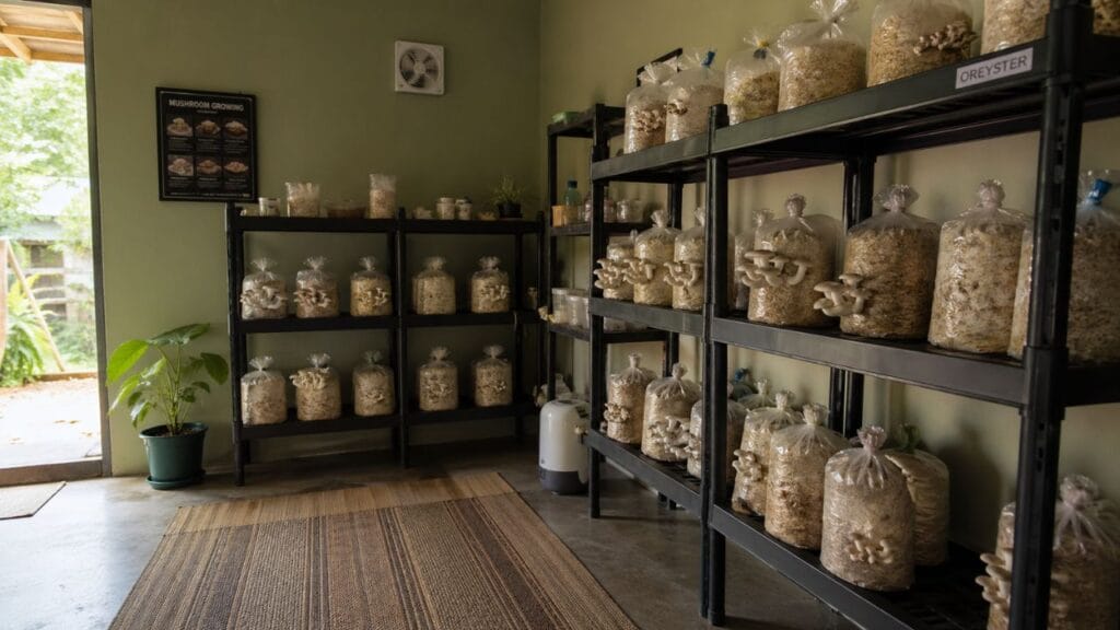 small room setup for mushroom farming