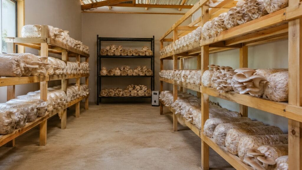 small room mushroom farming setup indoor