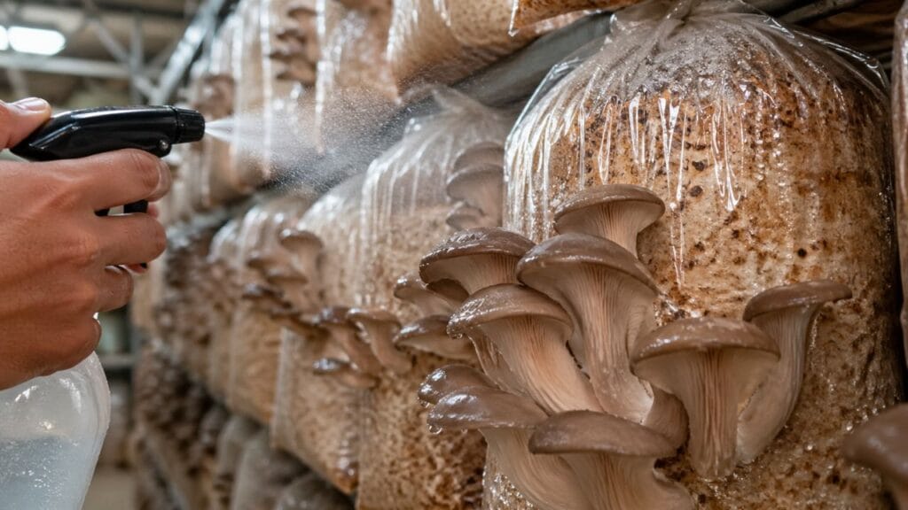 humidity control in mushroom farming spraying water