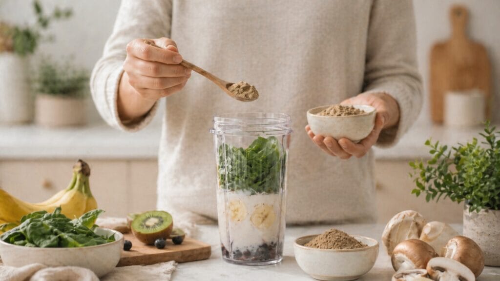 mushroom powder smoothie healthy lifestyle drink