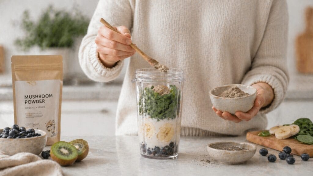 adding mushroom powder to smoothie