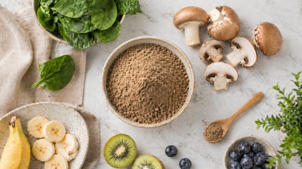 mushroom powder with fresh mushrooms nutrition concept