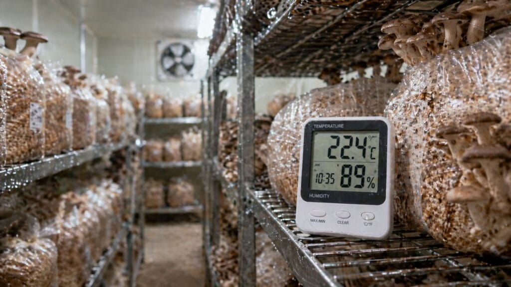 thermometer hygrometer in mushroom grow room