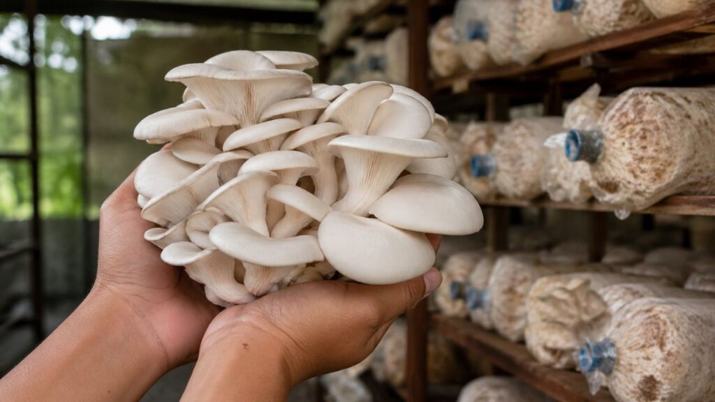 fresh oyster mushroom harvest indoor farm