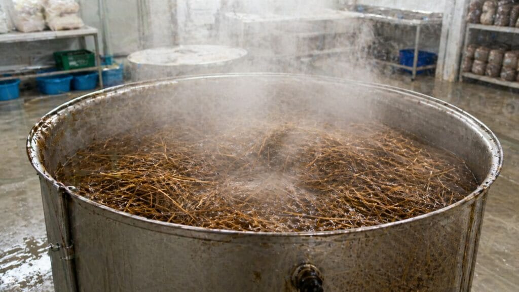 boiling straw for mushroom farming substrate