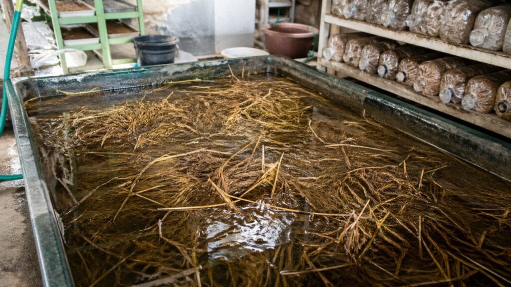 straw soaking for mushroom substrate preparation