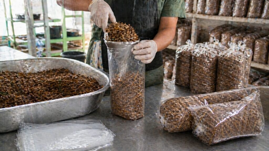 substrate filled mushroom grow bags