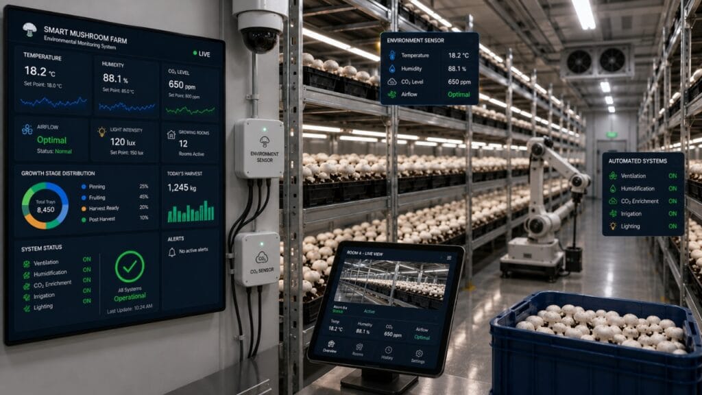 commercial mushroom farm using SmartFarm technology