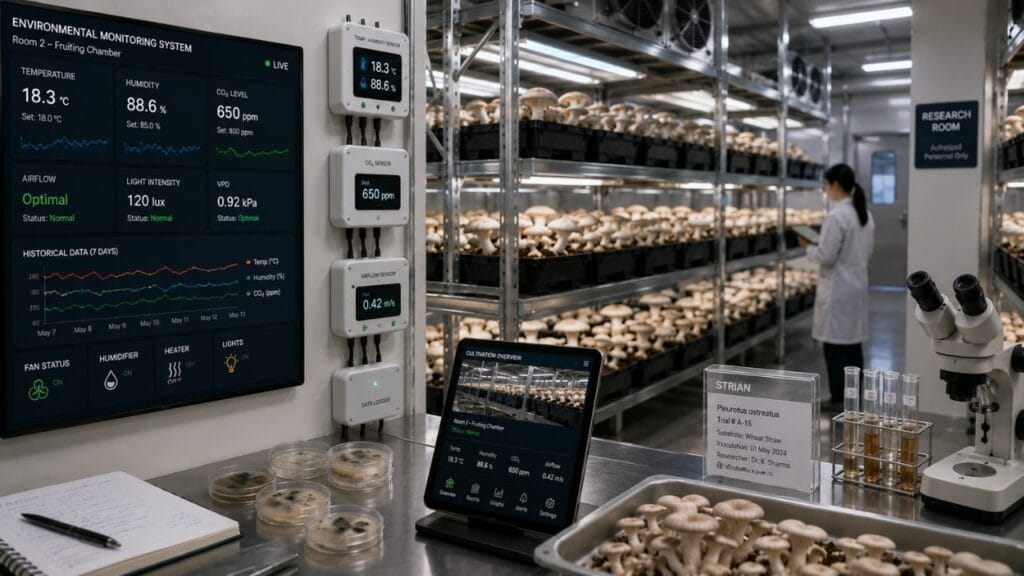 research mushroom cultivation facility with smart monitoring