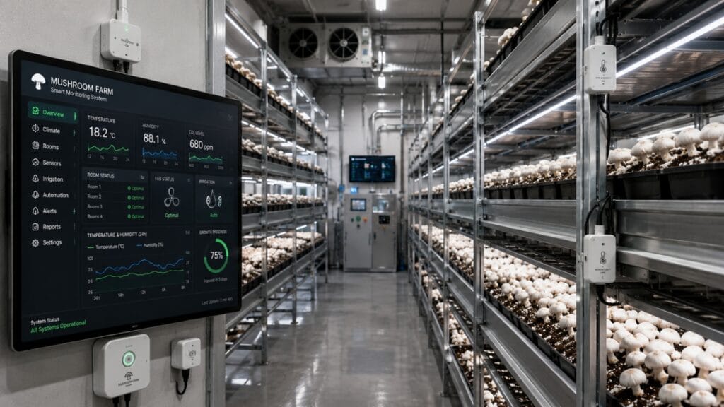 indoor smart mushroom farming facility with automation systems