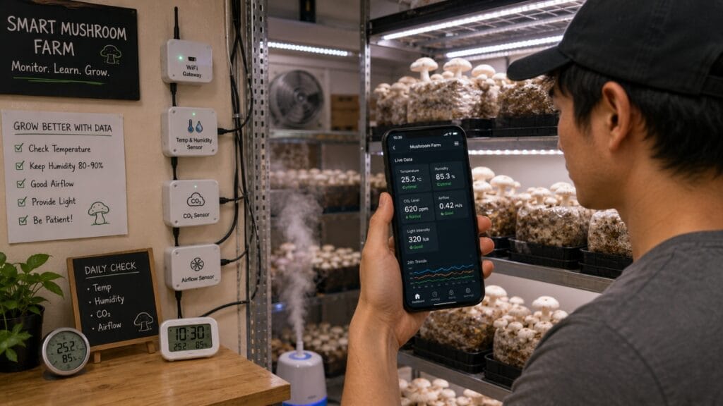 beginner mushroom grower using smart farming technology