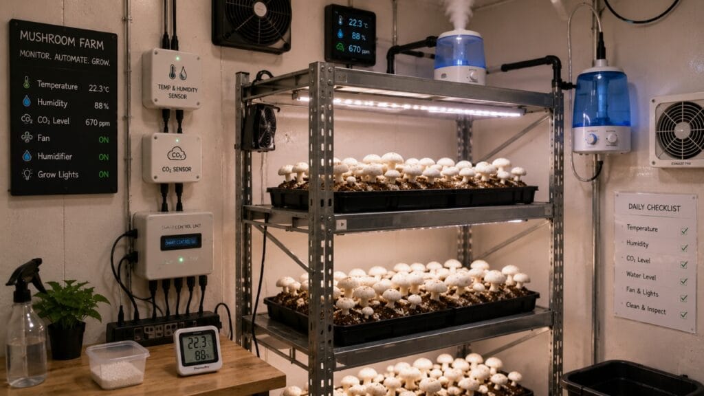 compact indoor mushroom farming automation setup