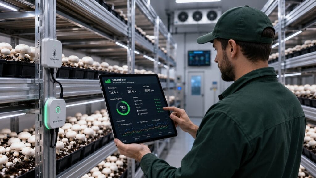mushroom farmer monitoring cultivation data on digital tablet