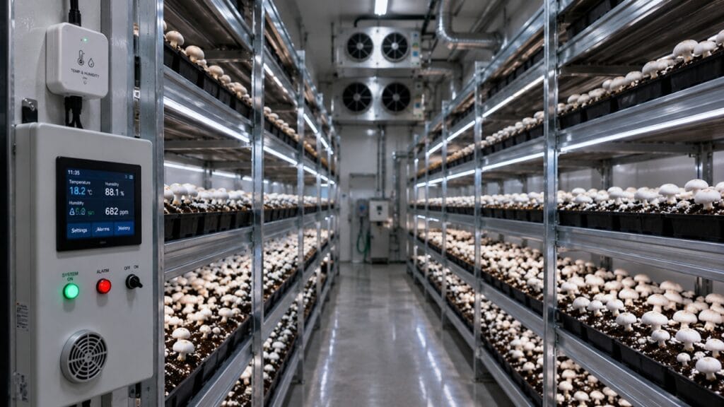 modern mushroom cultivation room with climate control systems