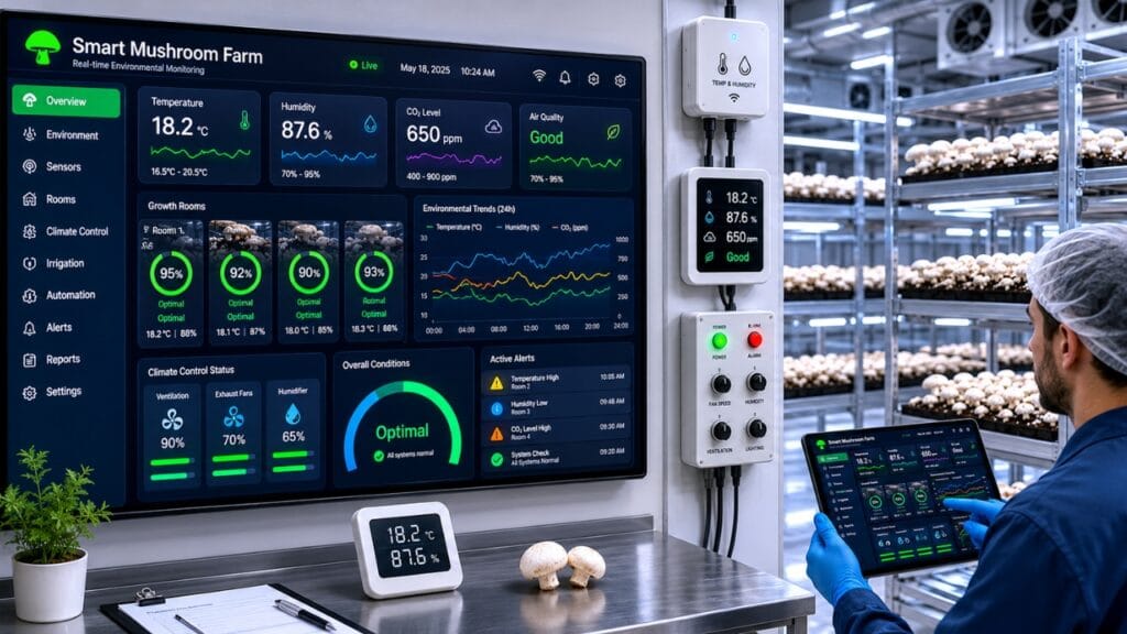 smart dashboard displaying mushroom cultivation data