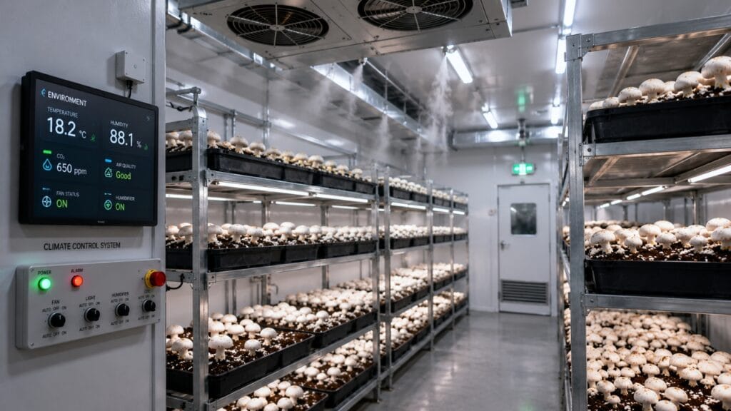 controlled environment mushroom farming setup