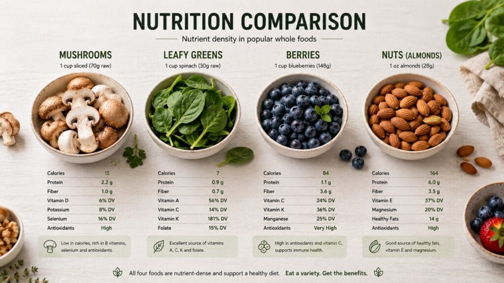 Mushrooms Vs Leafy Greens Vs Berries Vs Nuts