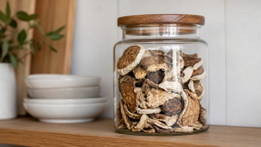 dried mushrooms stored in jar for long use