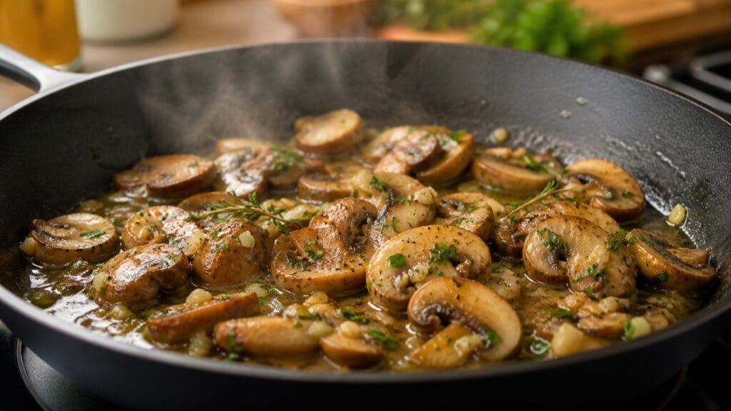 garlic butter mushrooms cooking with herbs