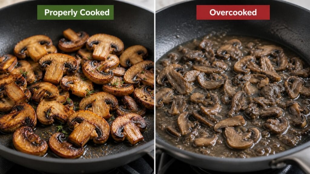 properly cooked vs overcooked mushrooms comparison