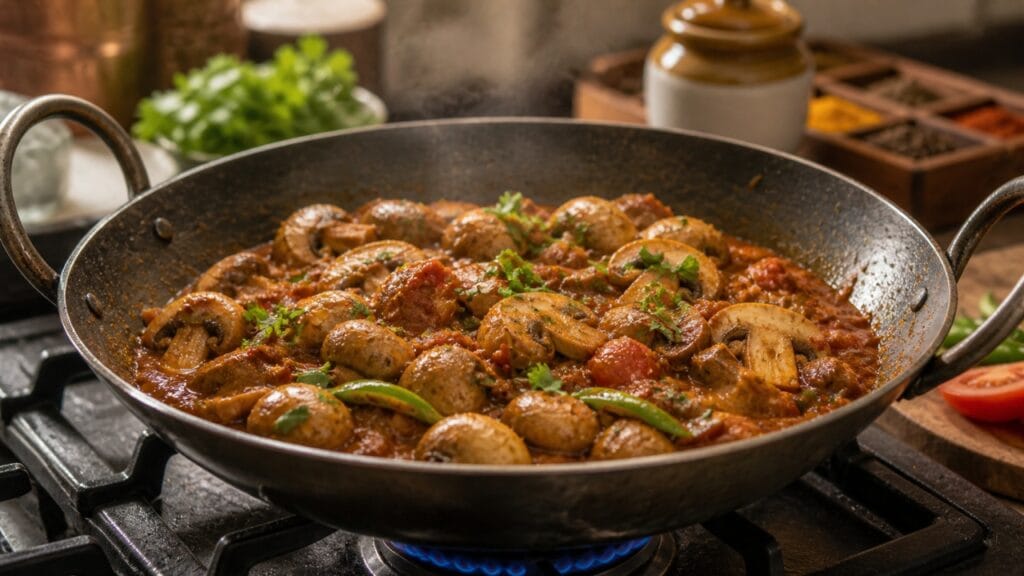 cooking mushroom curry with spices in pan