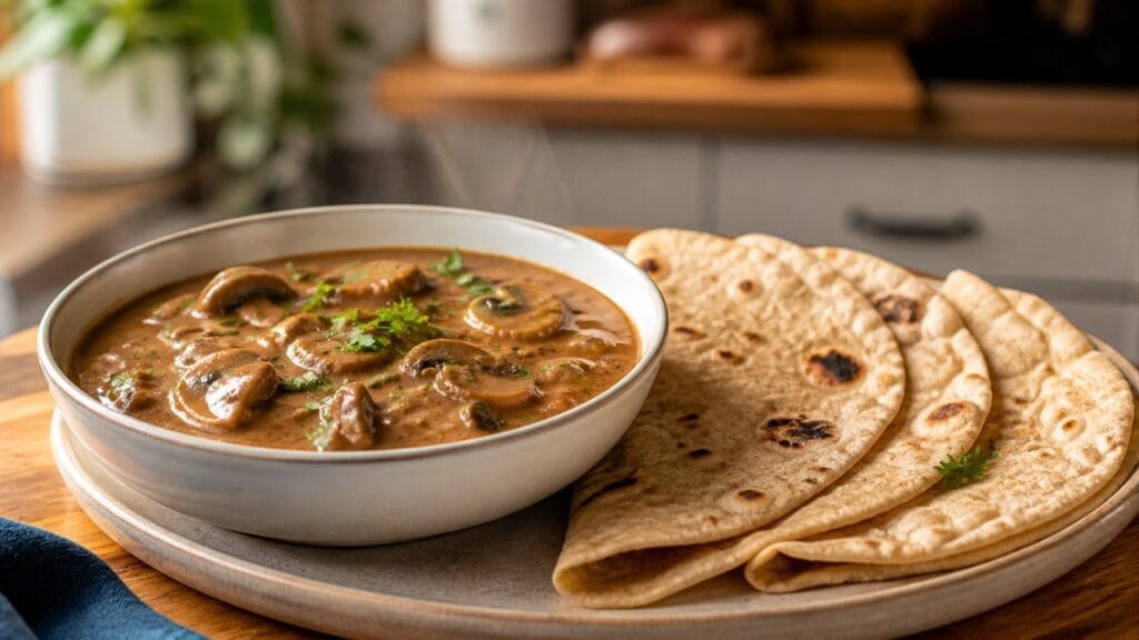 mushroom gravy dinner meal with roti