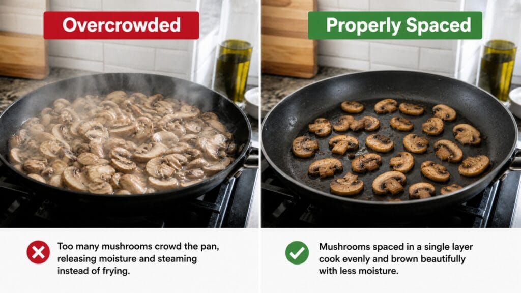 overcrowded vs properly spaced mushrooms in pan