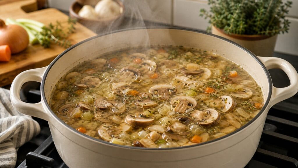 mushroom soup cooking in pot with broth