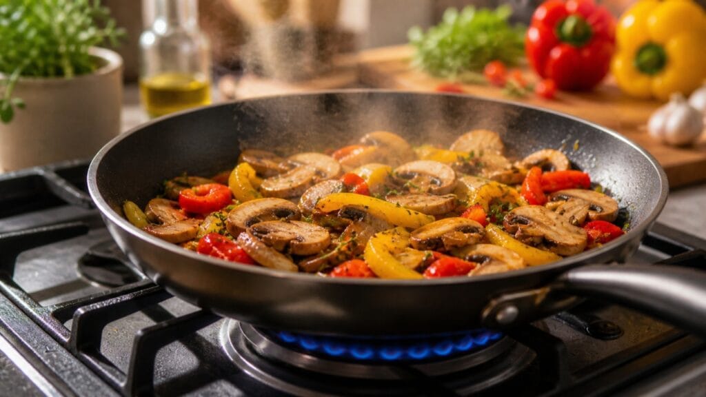 cooking mushroom stir fry in pan with vegetables