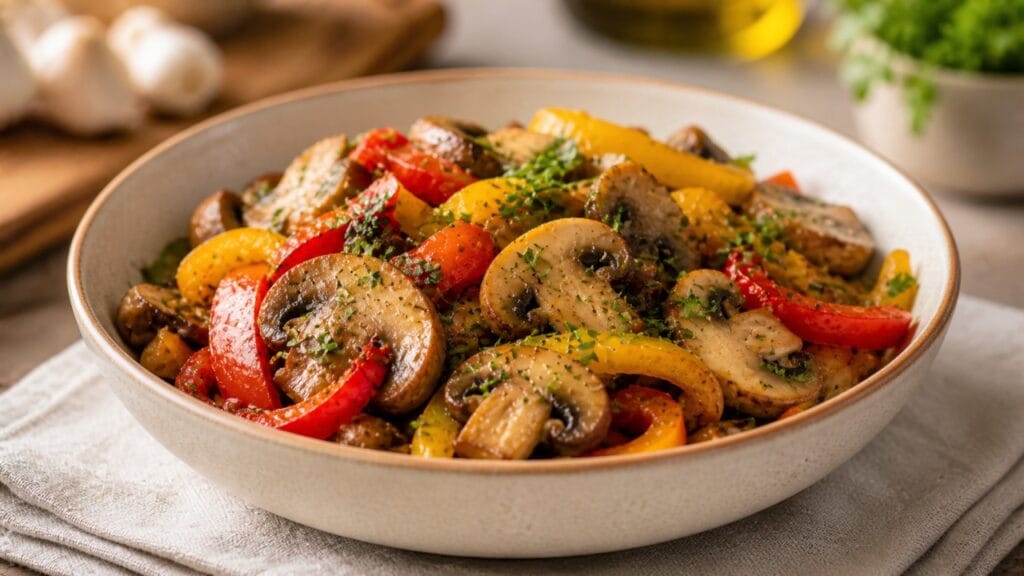 easy mushroom stir fry recipe served in bowl