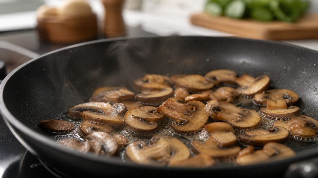 cooking mushrooms on high heat in pan