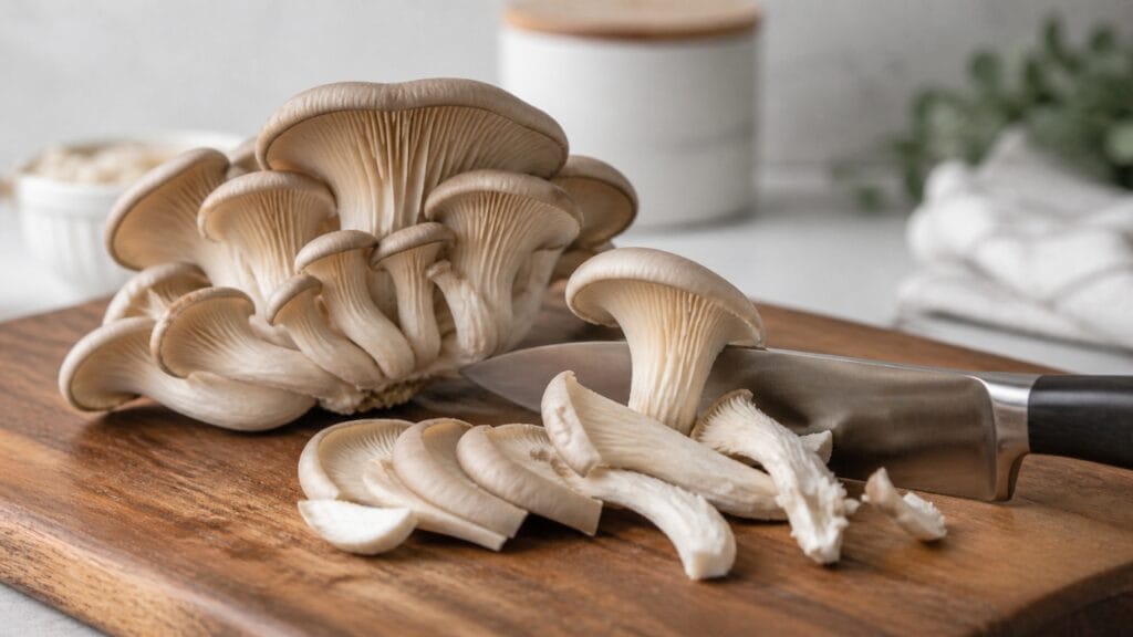 oyster mushrooms sliced for cooking preparation
