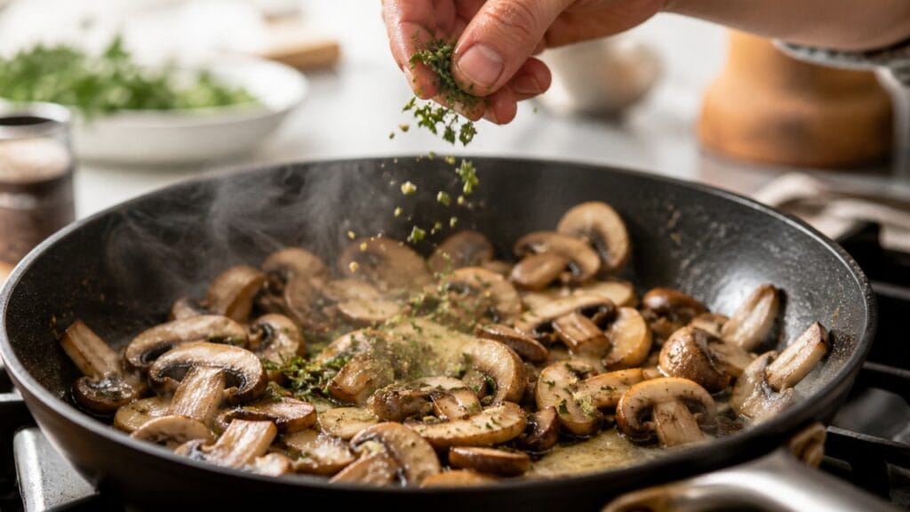 adding seasoning to mushrooms while cooking