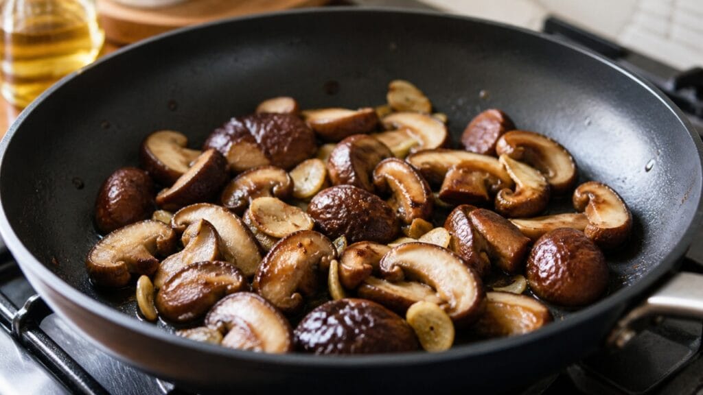 shiitake mushrooms cooking in pan with garlic