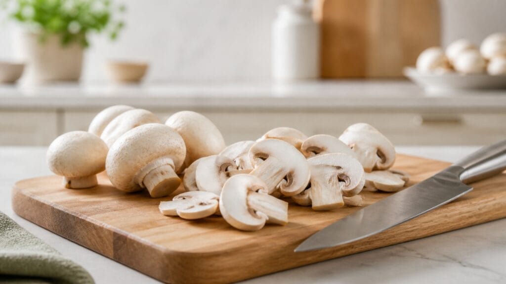 sliced button mushrooms on cutting board for cooking