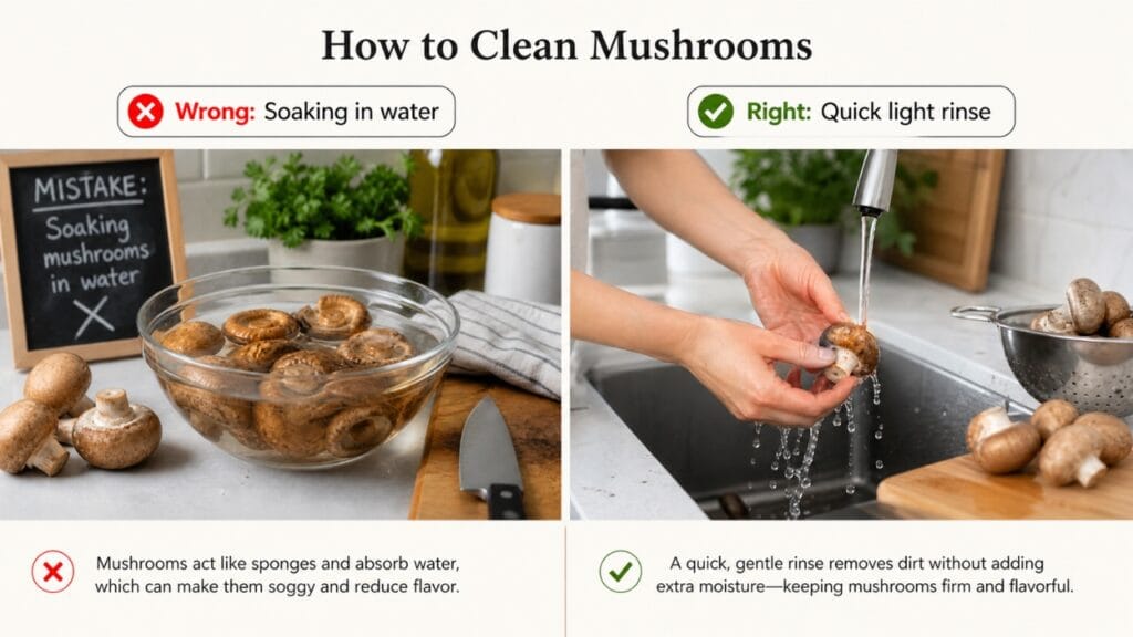 soaking vs rinsing mushrooms cleaning comparison