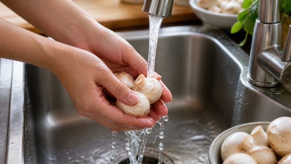 rinsing mushrooms quickly without soaking