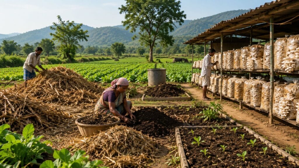 Circular mushroom farming recycling agricultural residues to support sustainable agriculture