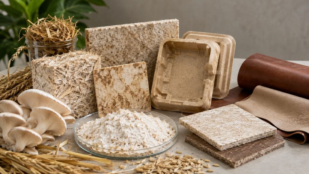 Mycelium-based sustainable materials including biodegradable packaging and bio-composites