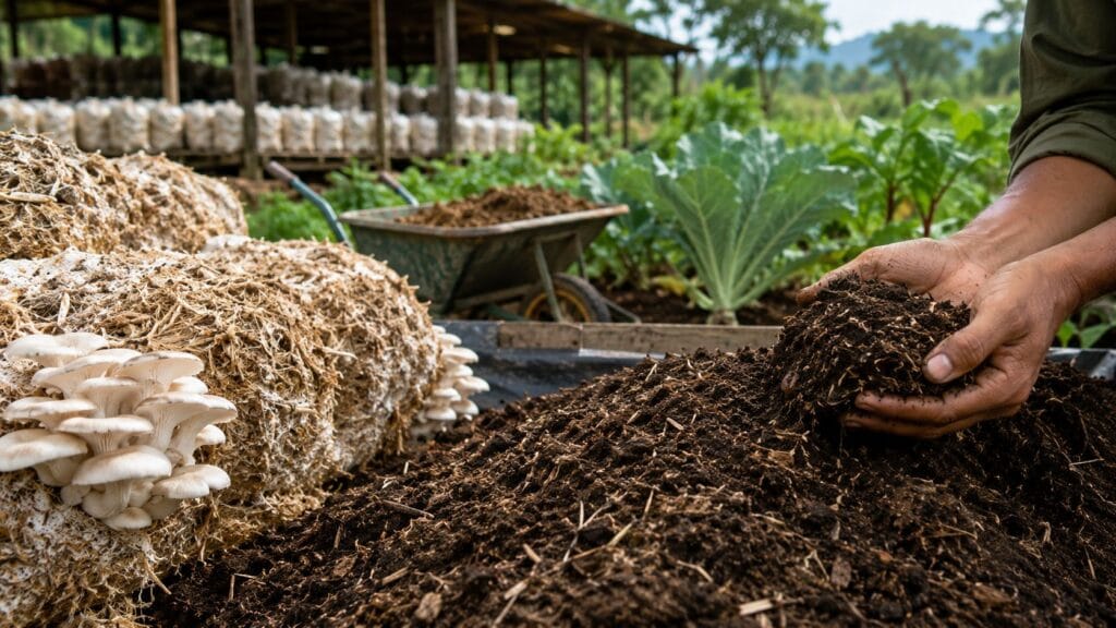 Spent mushroom substrate being reused as compost and organic soil amendment